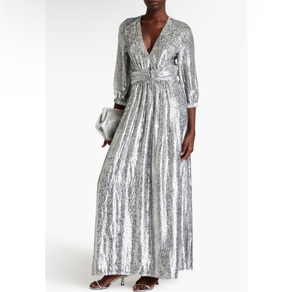 BA&SH silk blend Dara open-back ruched metallic fil coupé maxi dress NWT - Picture 1 of 7